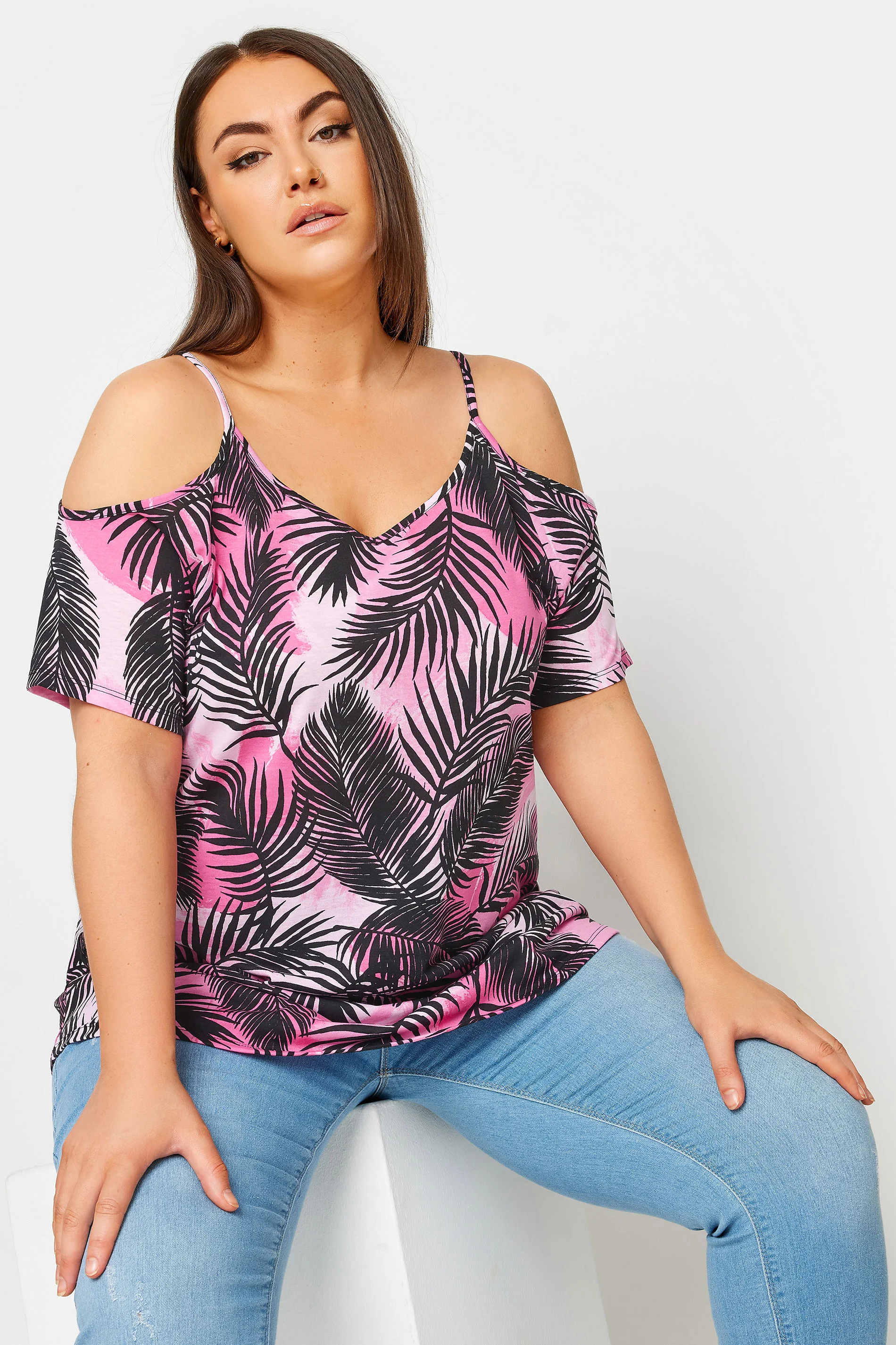 Yours YOURS Curve Pink Tropical Print Cold Shoulder Top