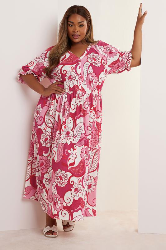 Yours YOURS Curve Pink Floral Frill Sleeve Maxi Dress