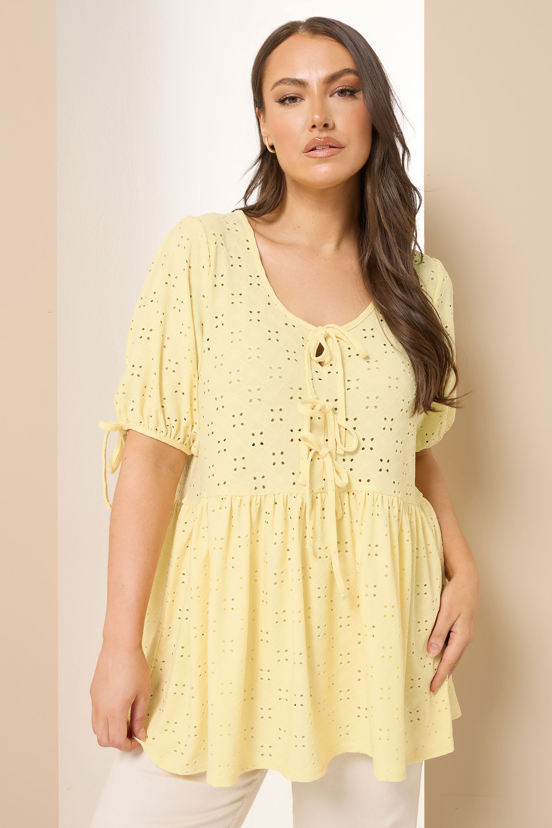 Yours YOURS Curve Yellow Broderie Anglaise Tie Front Peplum Top