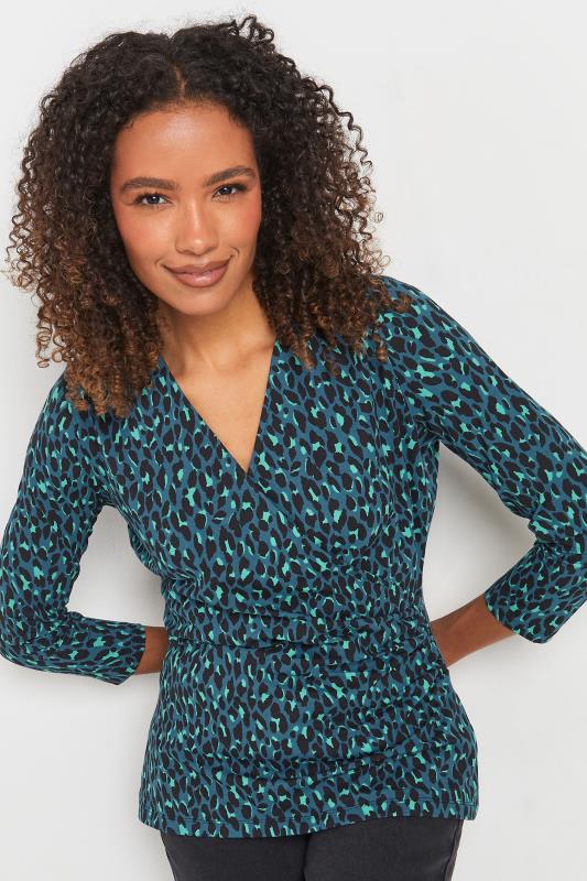 M&Co Womens M&Co Teal Blue Leopard Print Wrap Top