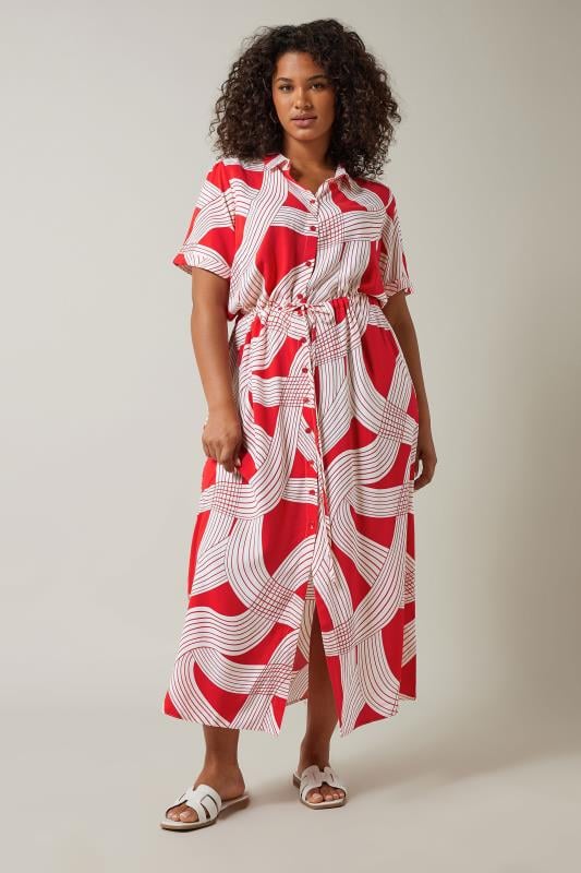 Evans EVANS Curve Red Linear Print Midi Shirt Dress