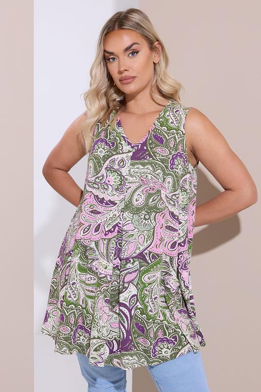 Yours YOURS Curve Green Paisley Pleat Front Swing Vest Top