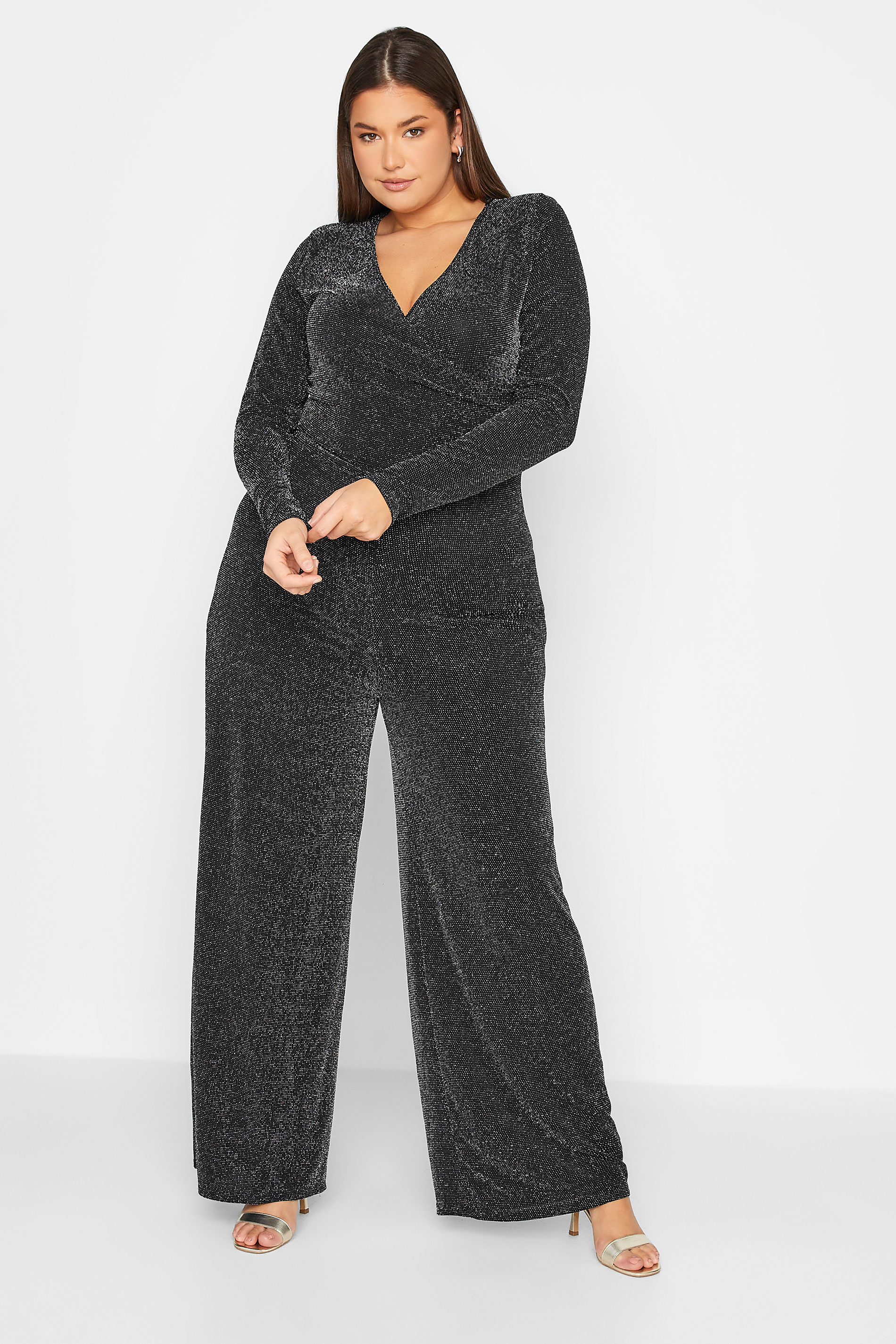 LTS LTS Tall Black & Silver Stretch Glitter Wrap Jumpsuit