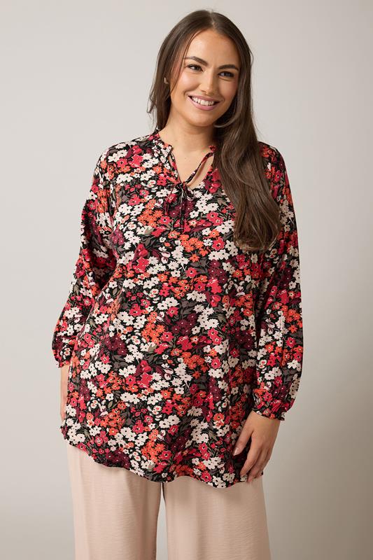 Evans EVANS Curve Orange Ditsy Floral Tie Neck Top