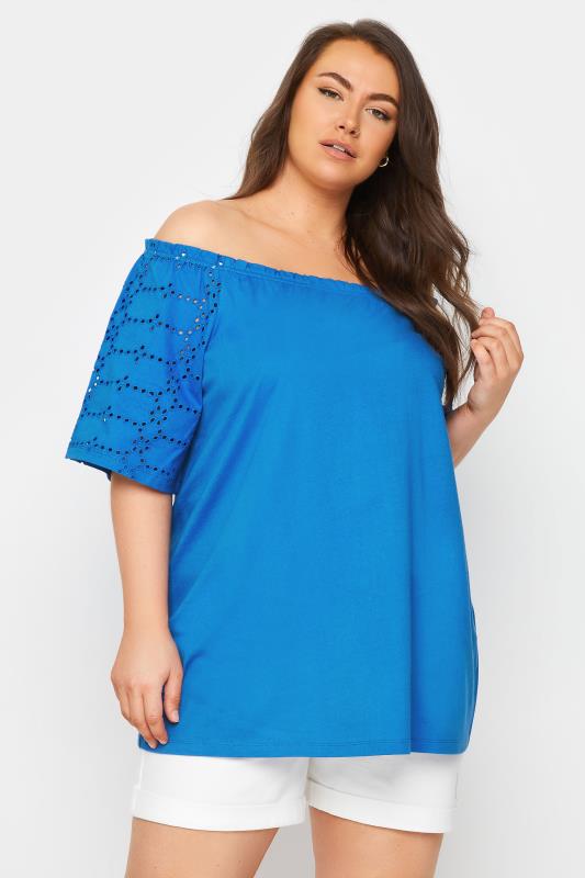 Yours YOURS Curve Blue Broderie Anglaise Bardot Top