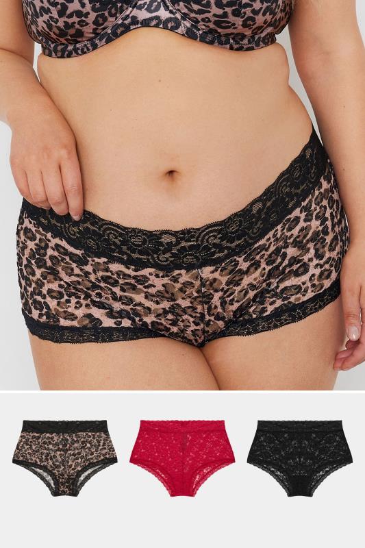 Yours YOURS Curve 3 PACK Red & Black Leopard Print Lace Mid Rise Shorts