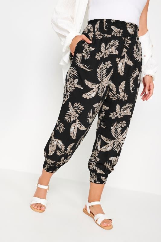 Yours YOURS Curve Black Leaf Print Shirred Harem Trousers
