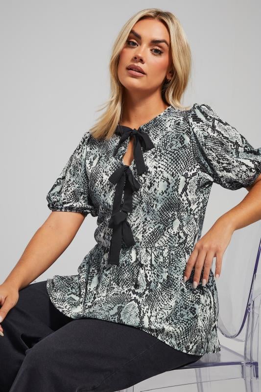 Limited Collection LIMITED COLLECTION Curve Grey Snake Print Bow Tie Front Top