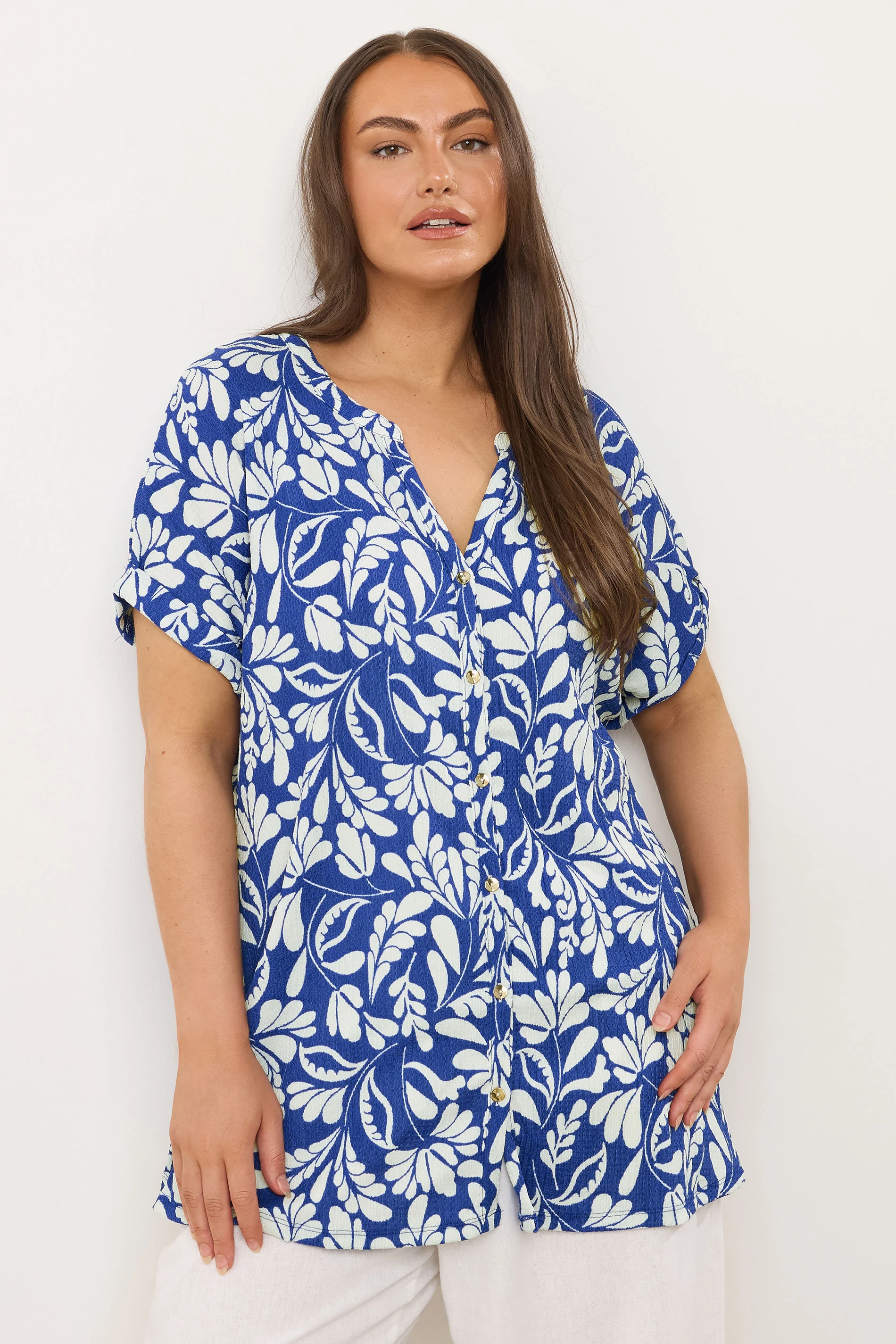 Evans EVANS Curve Cobalt Blue Leaf Print Blouse