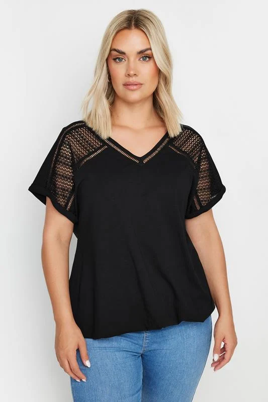 Yours YOURS Curve Black Crochet Bubble Hem T-Shirt