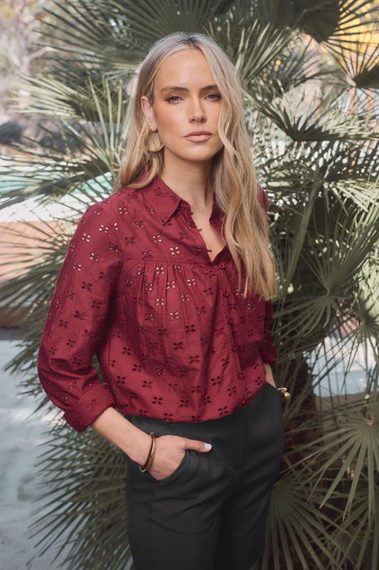 LTS LTS Tall Red Cotton Broderie Yoke Shirt