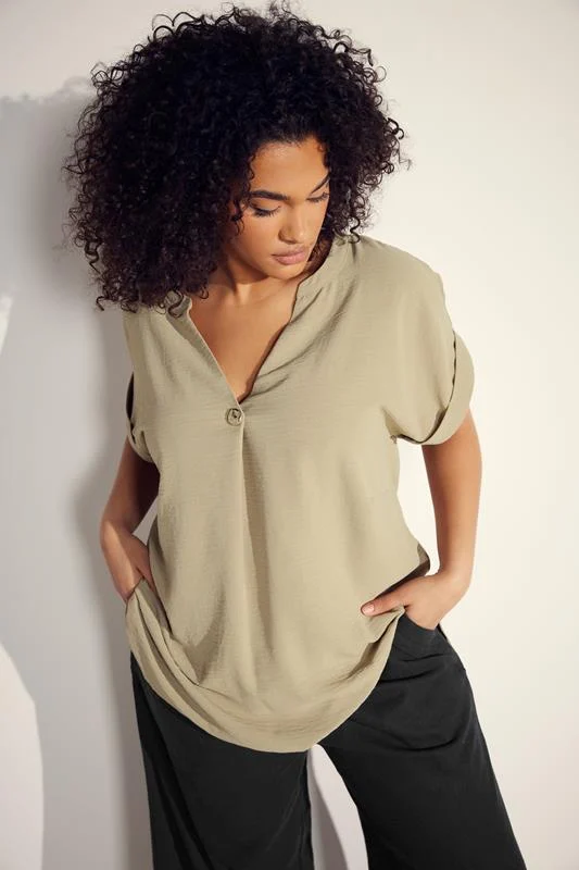 Evans EVANS Curve Natural Brown Button Front Short Sleeve Blouse