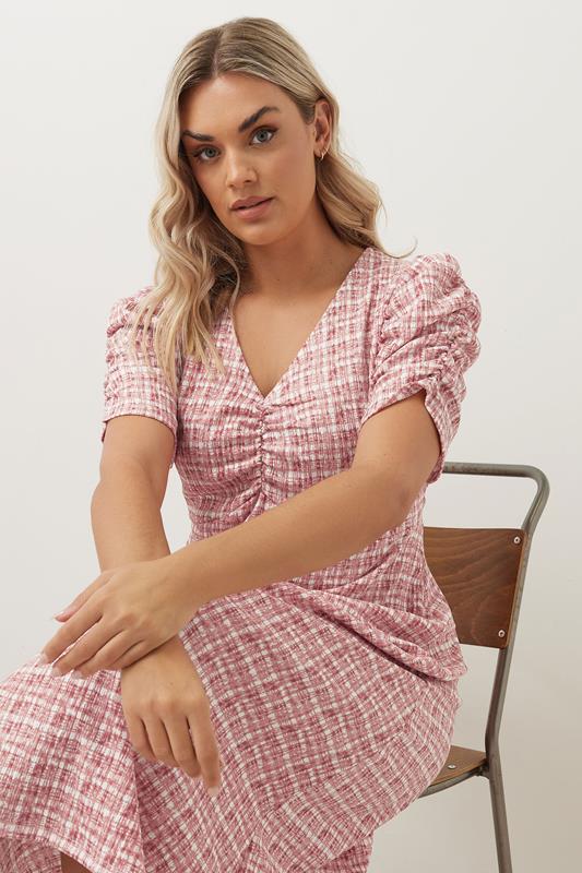 Yours YOURS Curve Pink Check Textured Milkmaid Dress