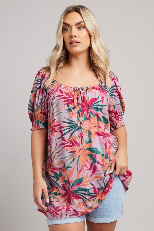 Yours YOURS Curve Pink Tropical Print Tie Front Blouse