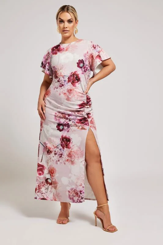 Yours London YOURS LONDON Curve Pink Floral Print Gathered Dress
