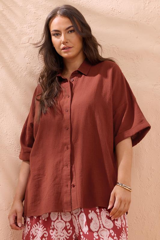 Evans EVANS Curve Rust Orange Short Sleeve Cotton Shirt