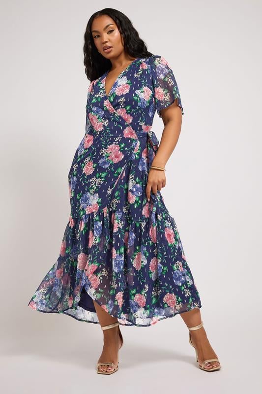 Yours London YOURS LONDON Curve Navy Blue Floral Metallic Wrap Dress