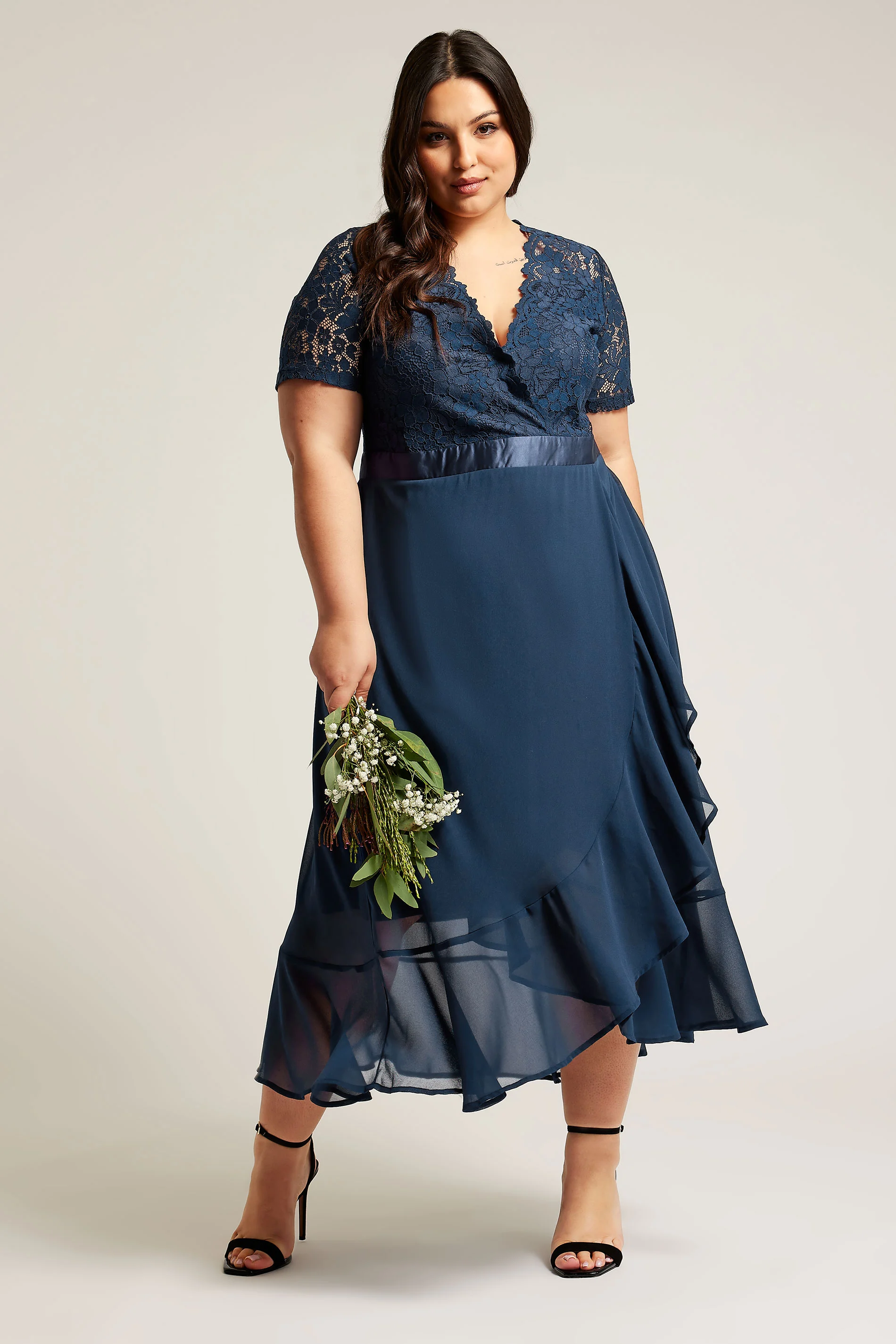 Yours London YOURS LONDON Curve Navy Blue Lace Wrap Ruffle Midi Dress