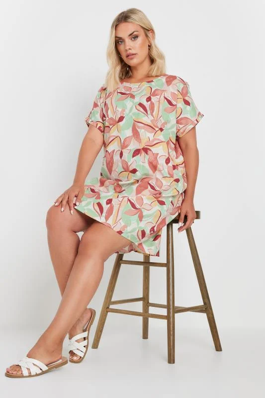 Yours YOURS Curve Green & Orange Leaf Print Tunic Dress