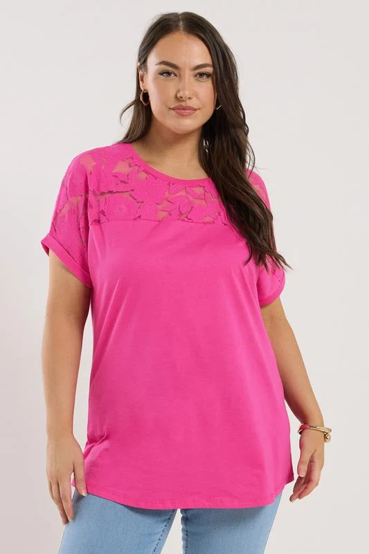 Yours YOURS Curve Pink Floral Mesh Panel T-Shirt