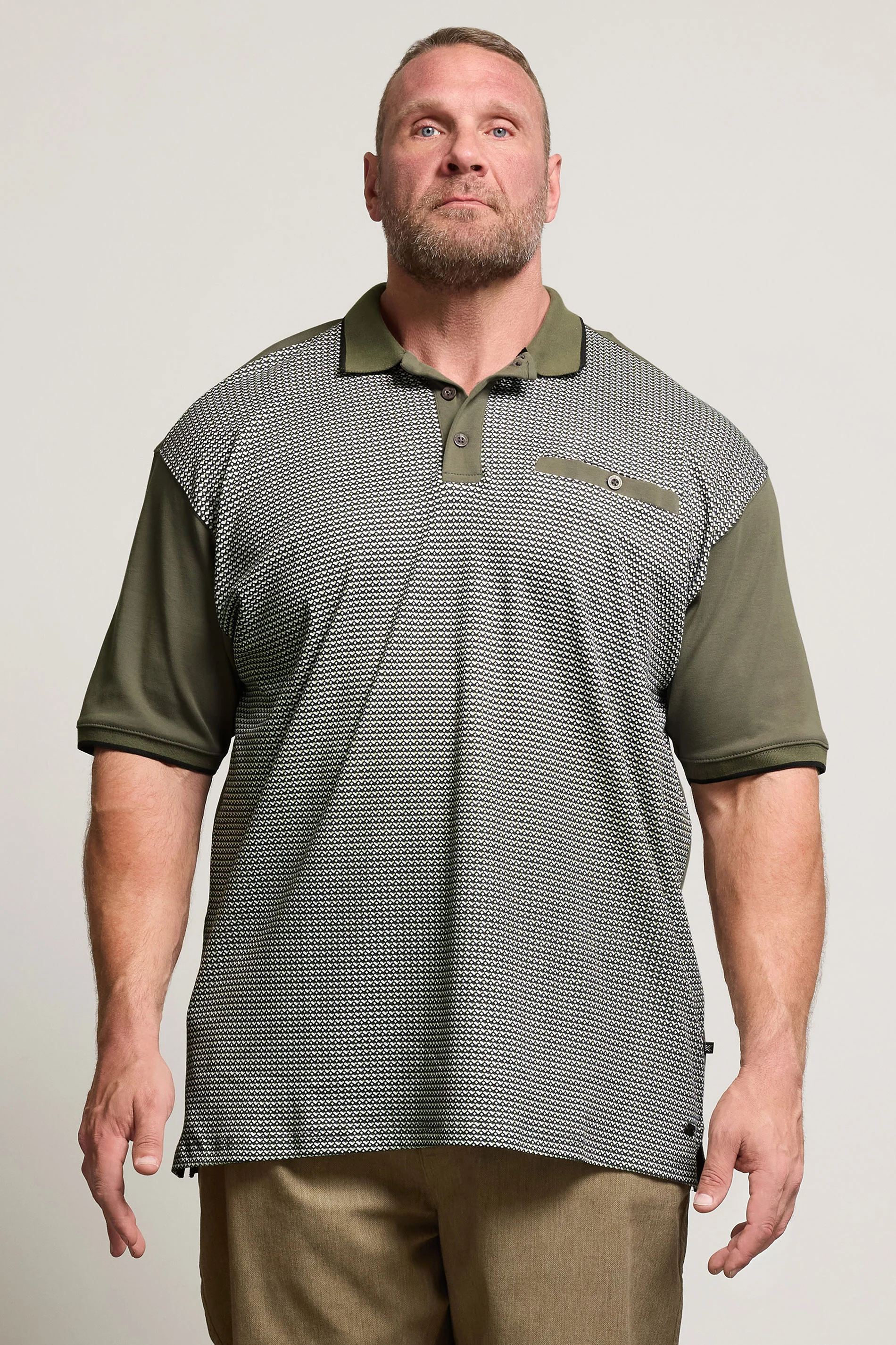 Kam KAM Khaki Green Geometric Print Short Sleeve Polo Shirt