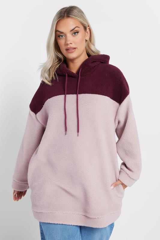 Yours YOURS Curve Pink Colour Block Teddy Fleece Hoodie