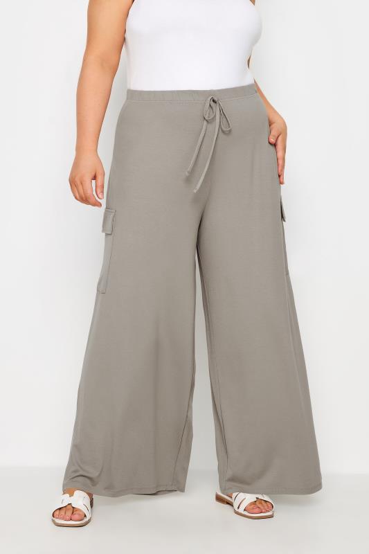 Yours YOURS Curve Stone Brown Jersey Wide Leg Cargo Trousers