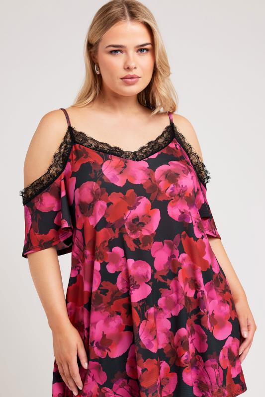 Yours London YOURS LONDON Curve Pink Floral Print Lace Cold Shoulder Top