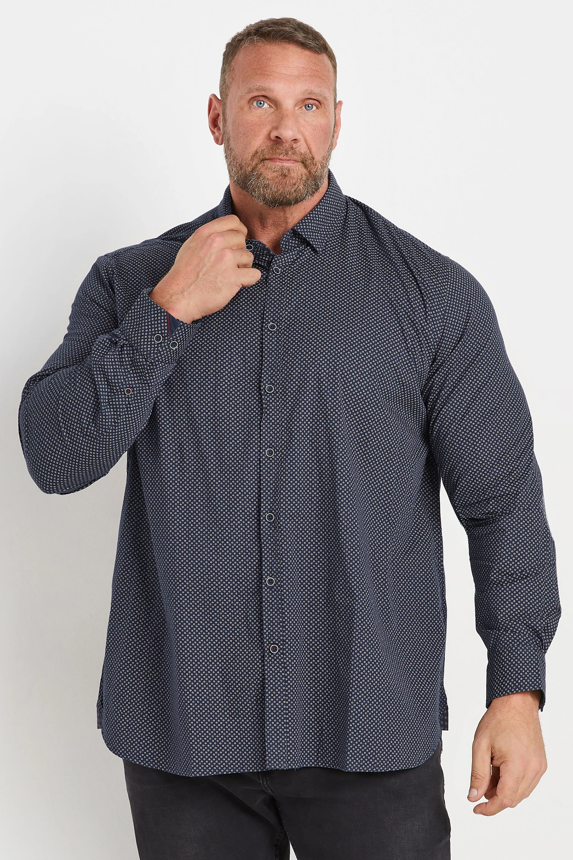 D555 D555 Big & Tall Navy Blue Micro Spot Print Button Shirt