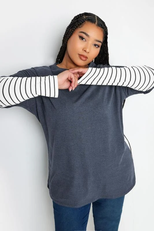 Yours YOURS Curve Navy Blue Stripe Sleeve Double Layer T-Shirt