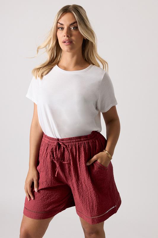 Yours YOURS Curve Dark Red Crochet Trim Shorts