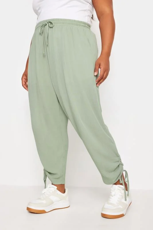 Yours YOURS Curve Sage Green Crinkle Ruched Cropped Trousers