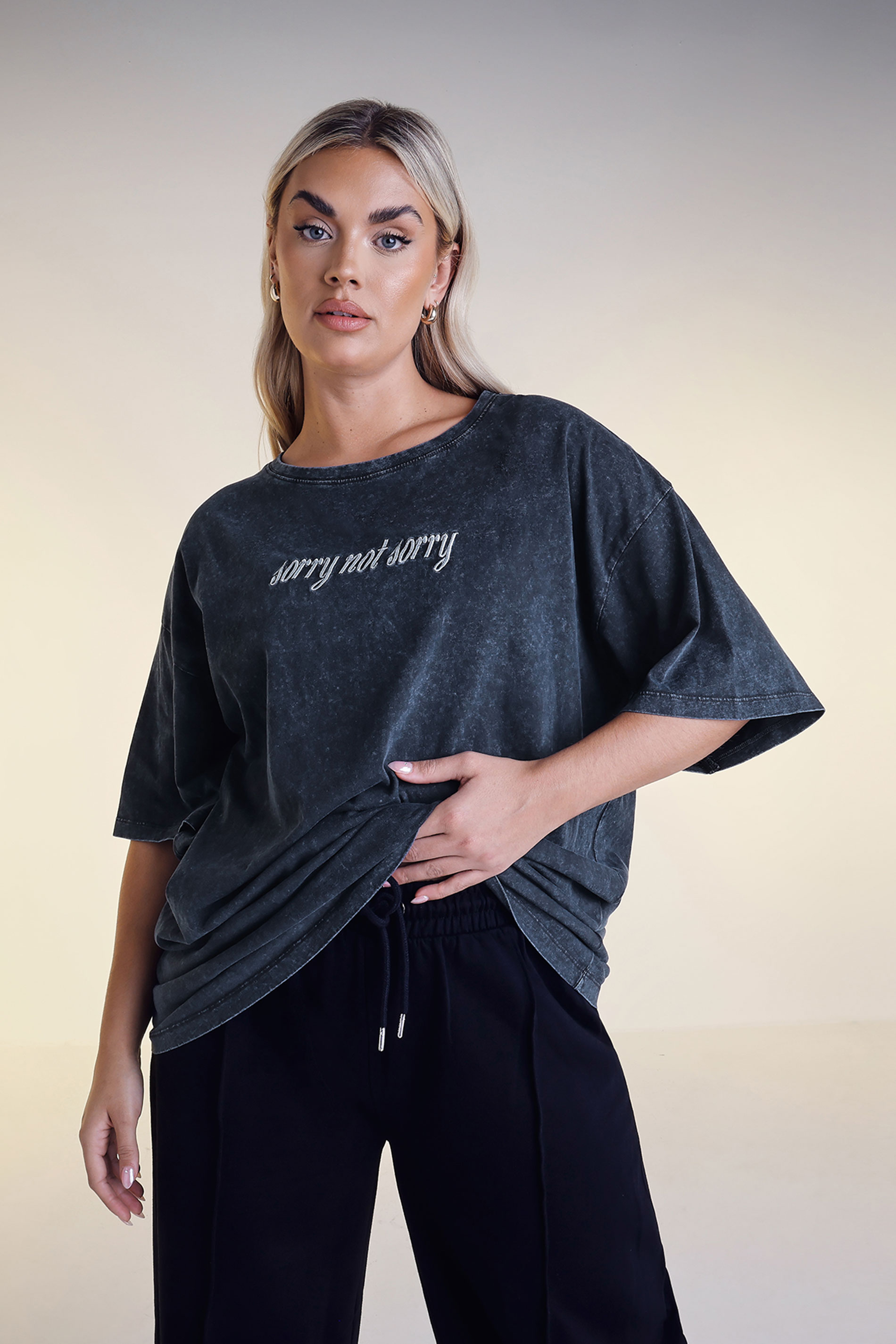 Yours YOURS Curve Grey Acid Wash 'Sorry Not Sorry' T-Shirt