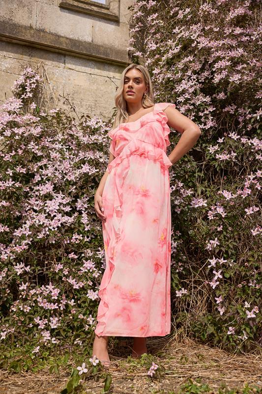 Yours YOURS Curve Pink Blurred Floral Print Ruffle Maxi Dress