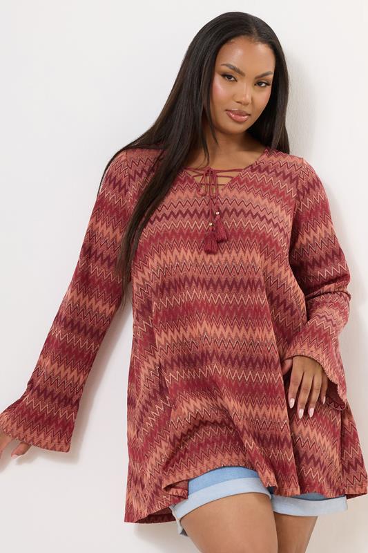 Yours YOURS Curve Rust Orange Metallic Zig Zag Tie Neck Tunic Top