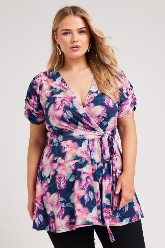 Yours London YOURS LONDON Curve Pink Tropical Print Wrap Top