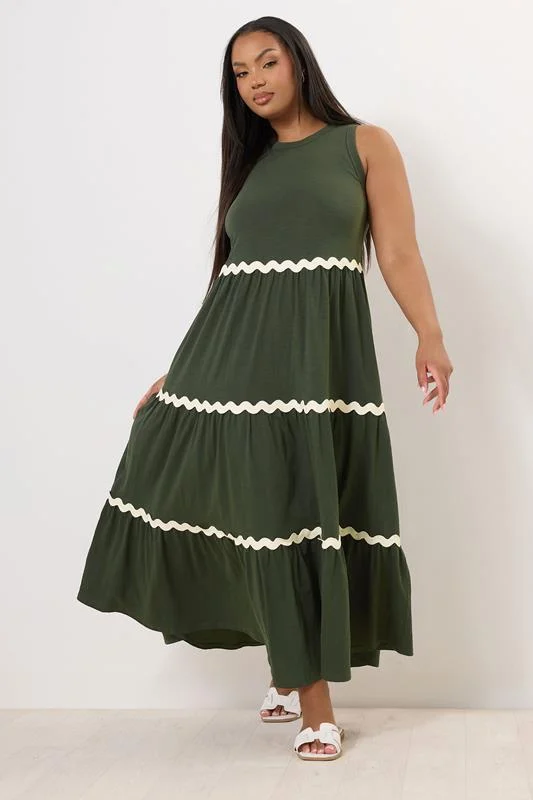 Yours YOURS Curve Khaki Green Contrast Swirl Tiered Maxi Dress