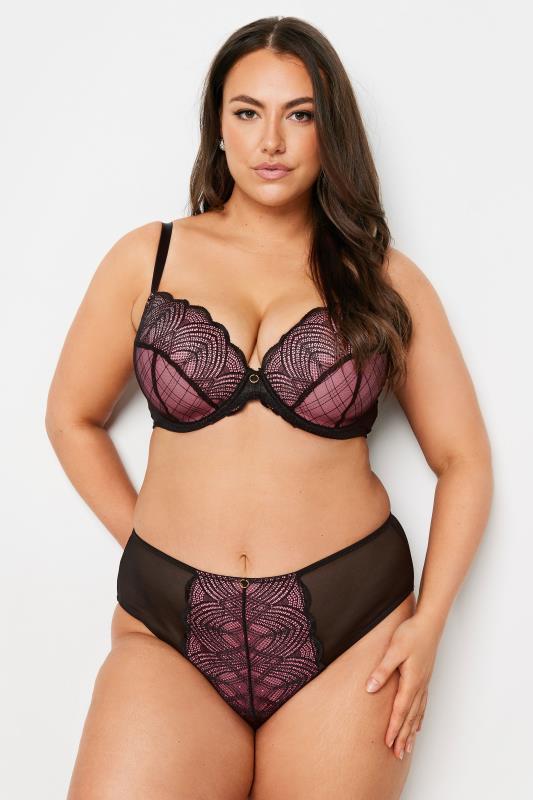 Yours YOURS Curve Black & Pink Lace Detail Mesh Padded Bra