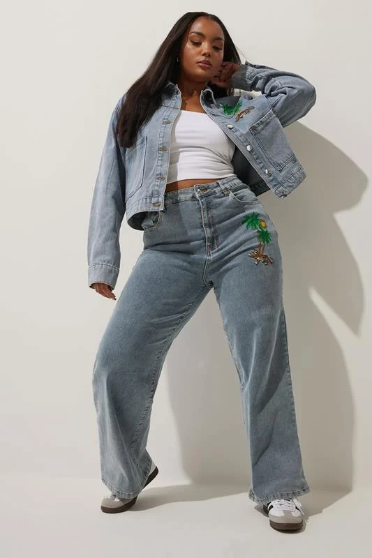 Limited Collection LIMITED COLLECTION Curve Blue Denim Palm Tree Embroidered Jacket