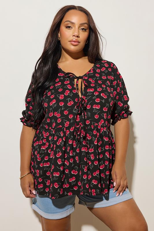 Yours YOURS Curve Black Cherry Tie Front Peplum Top