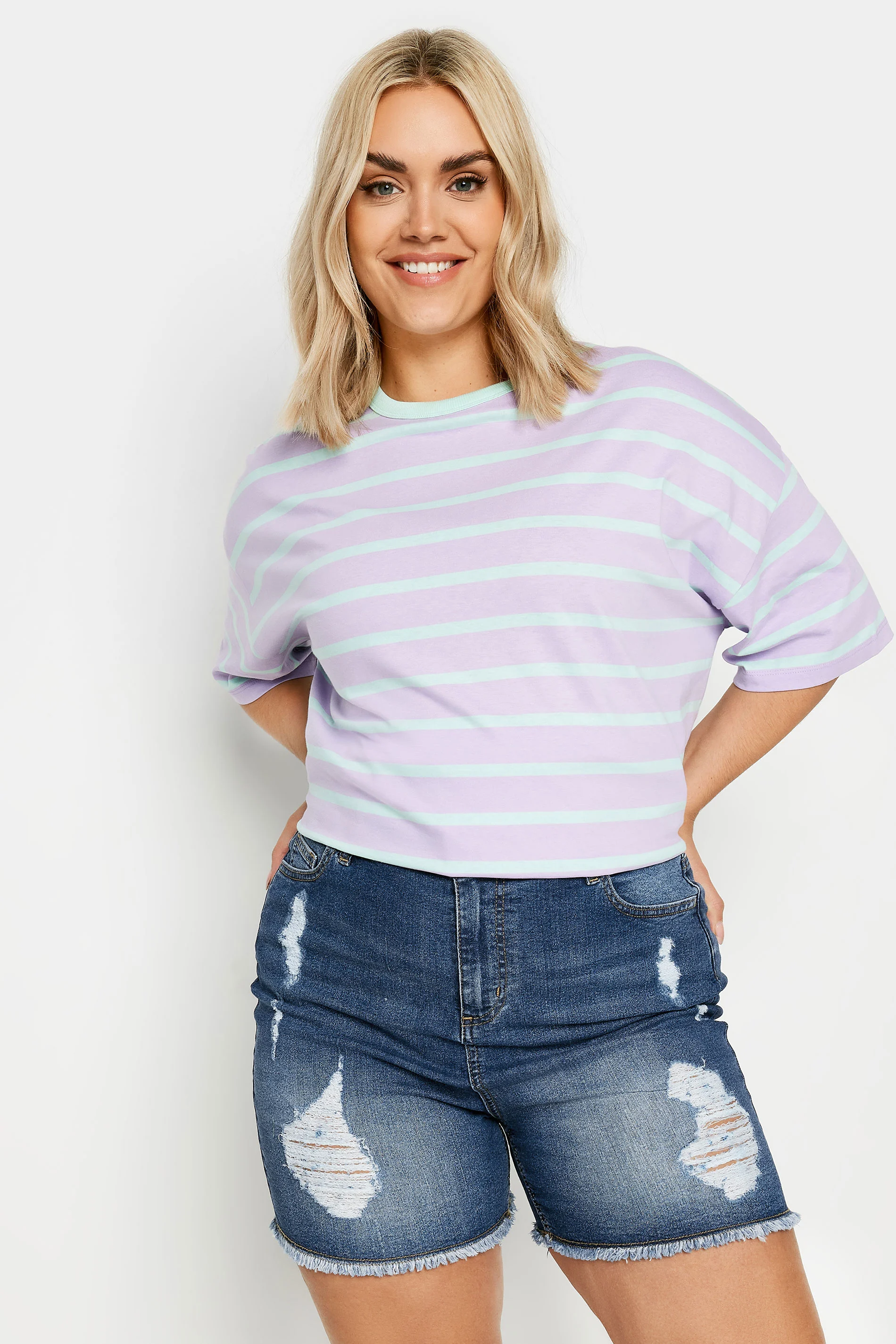 Yours YOURS Curve Blue Ripped Stretch Denim Shorts
