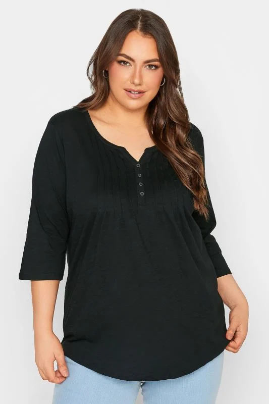 YOURS FOR GOOD YOURS FOR GOOD Curve Black Pintuck Button Henley T-Shirt