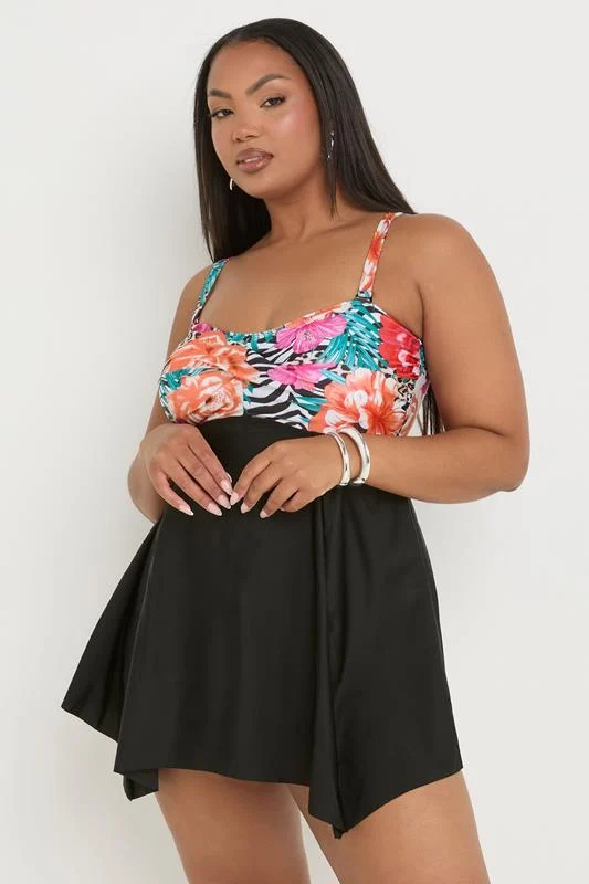 Yours YOURS Curve Black Tropical Print Hanky Hem Swimdress