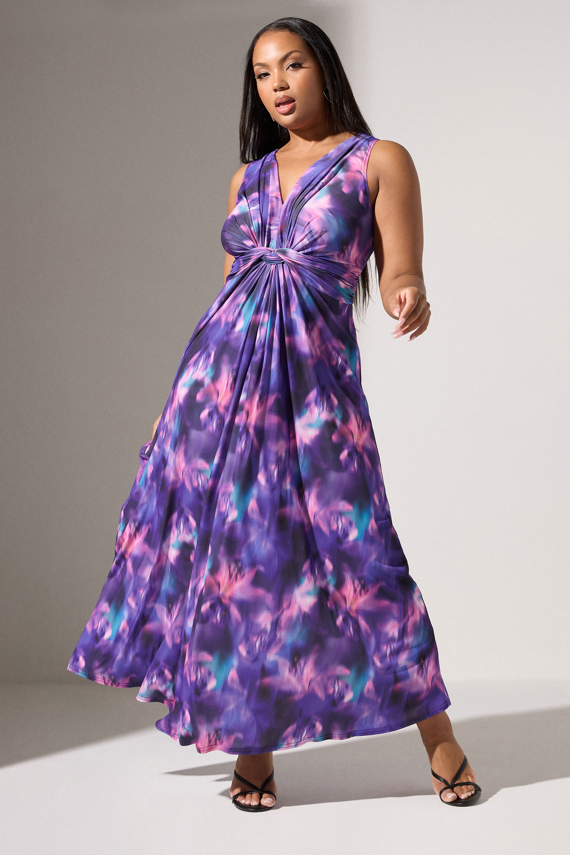 Yours London YOURS LONDON Curve Purple Blur Print Knotted Front Maxi Dress