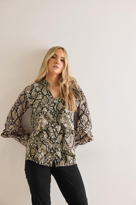 LTS LTS Tall Beige Brown Snake Print Frill Shirt