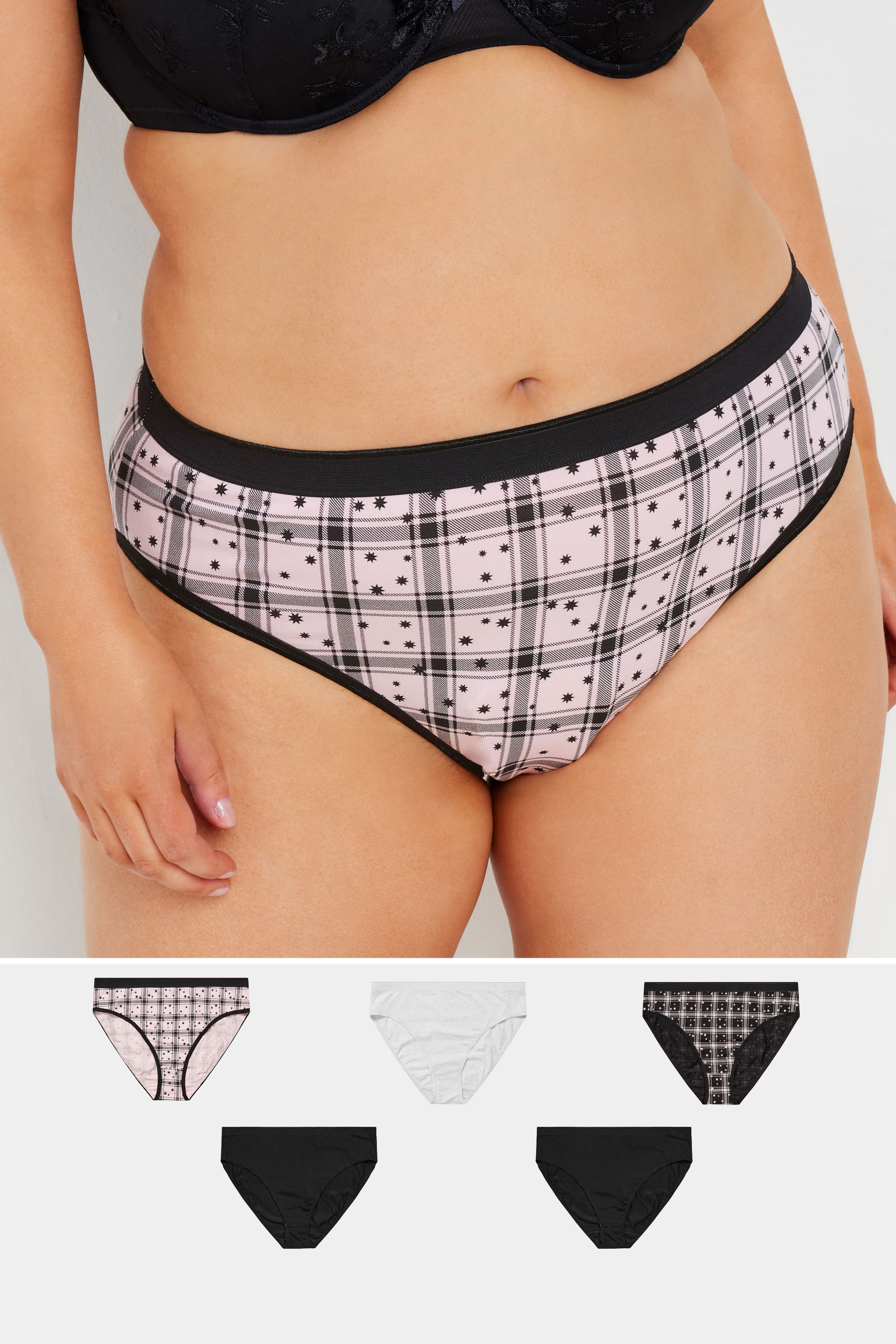 Yours YOURS 5 PACK Curve Black & Pink Check Print High Leg Knickers