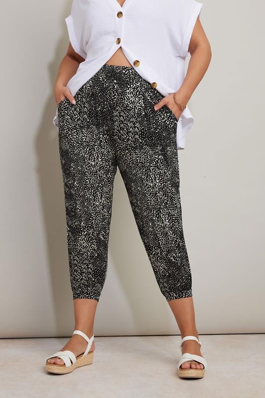 Yours YOURS Curve Black Mixed Animal Print Cropped Harem Joggers