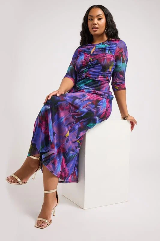 Yours London YOURS LONDON Curve Purple Tropical Print Keyhole Mesh Dress