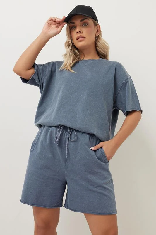 Yours YOURS Curve Blue Acid Wash Sweat Jogger Shorts