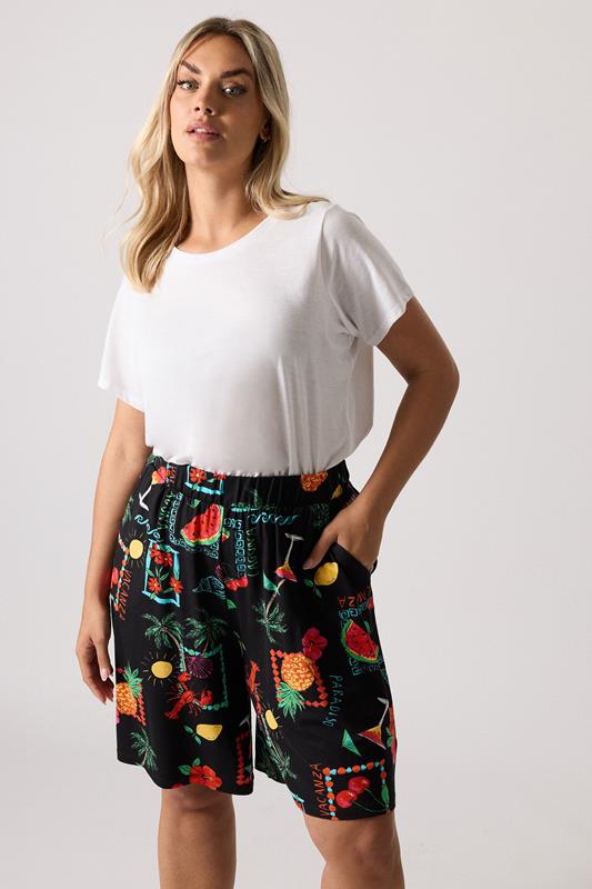 Yours YOURS Curve Black Summer Postcard Print Shorts